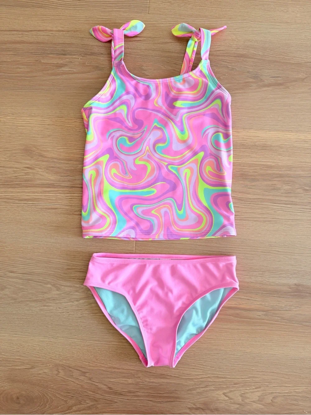 Cat & Jack Pink Swirl Tie-Shoulder Tankini Set- Girls 10-12